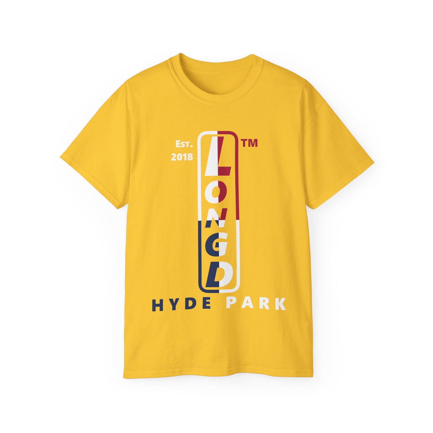 LongD cotton tee positive quarters Hyde Park upright logo (Patriotic colors)