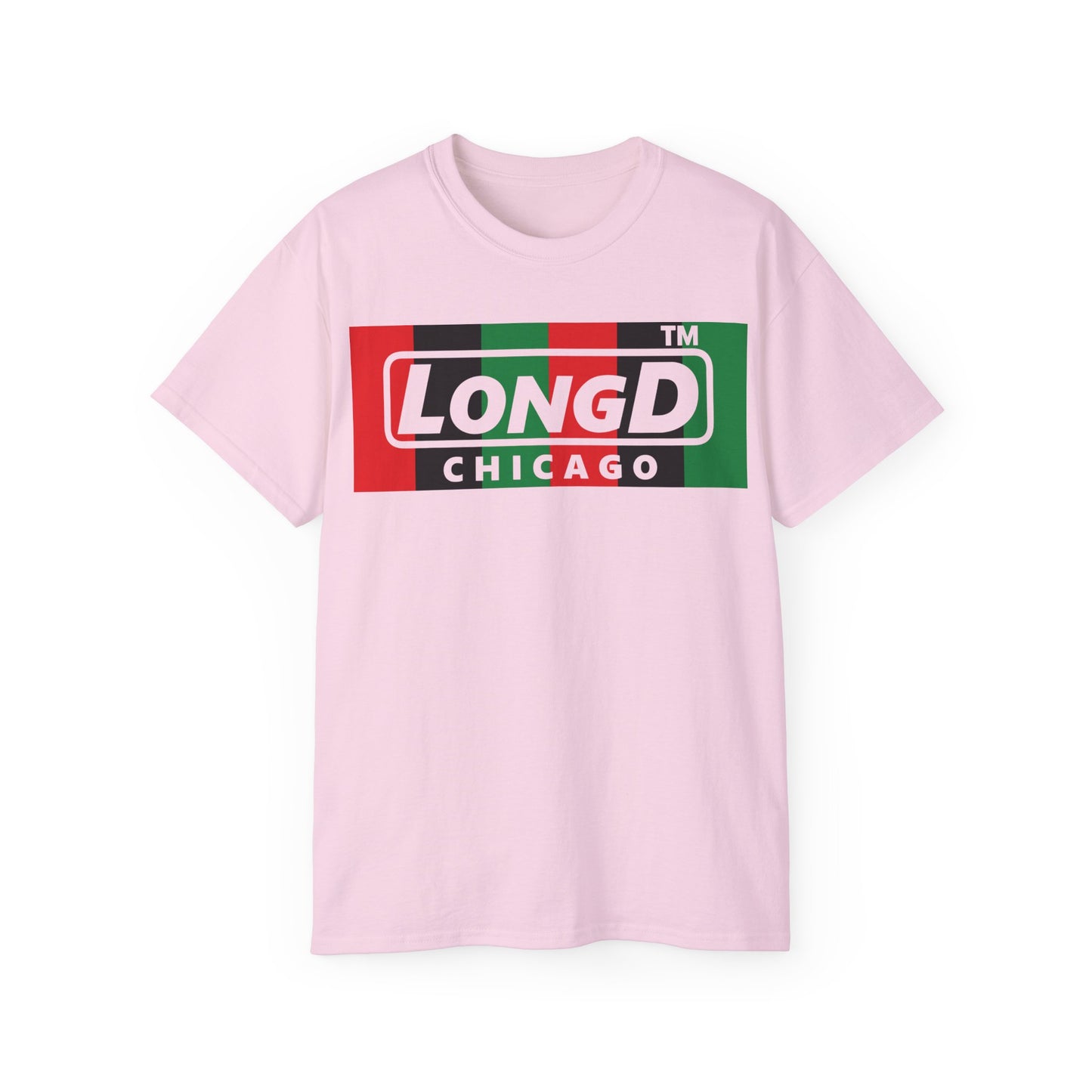 LongD negative vertical 6-striped Chicago logo front-back cotton tee (Juneteenth colors)