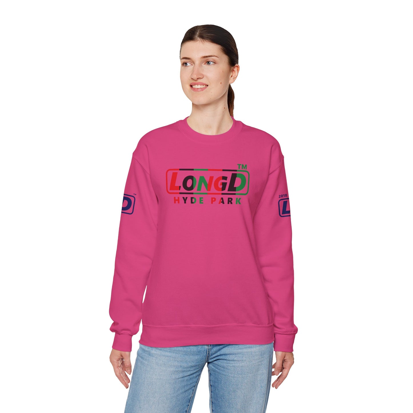 LongD positive vertical 6-striped 4-print Hyde Park logo crewneck sweatshirt (Juneteenth colors)
