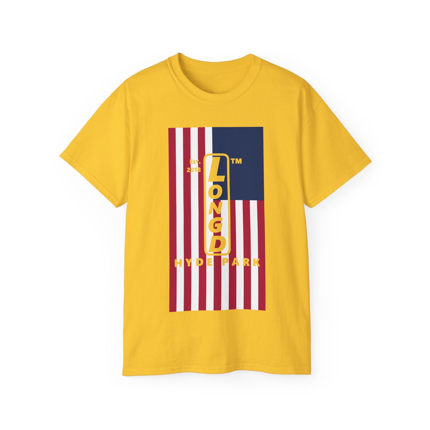 LongD cotton tee negative flag Hyde Park upright logo (Patriotic colors)