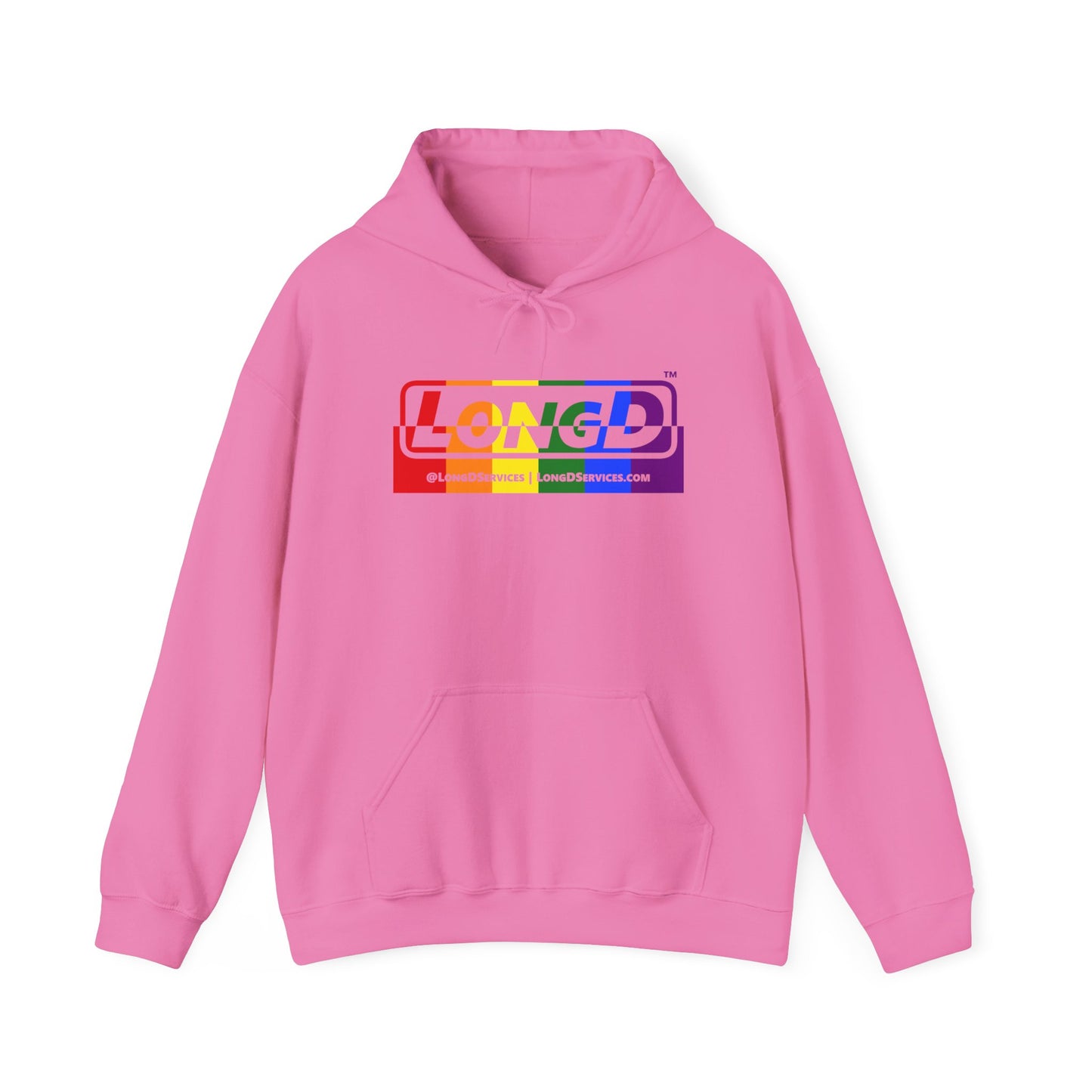 LongD® Logo Hoodie with Pride rainbow positive top negative bottom text