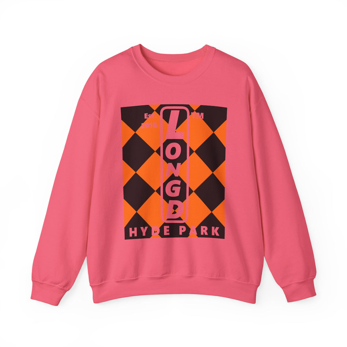 LongD Hyde Park negative upright argyle logo (Halloween colors) crewneck sweatshirt