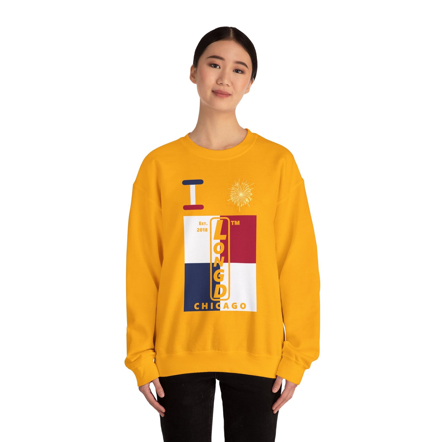 I Burst LongD negative quarters flag Chicago upright logo crewneck sweatshirt