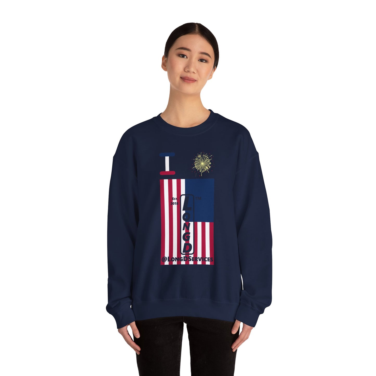 I Burst LongD negative cropped flag tag upright logo crewneck sweatshirt