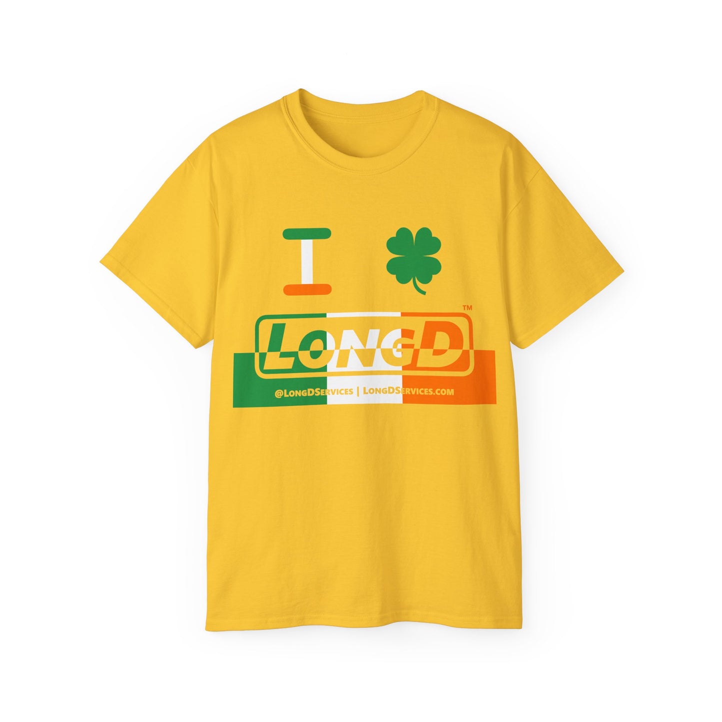 I Clover LongD® Logo Cotton Tee (St. Patrick's Day -Irish Green, White and Irish Orange thirds top-bottom positive-negative split with 4-leaf clover)