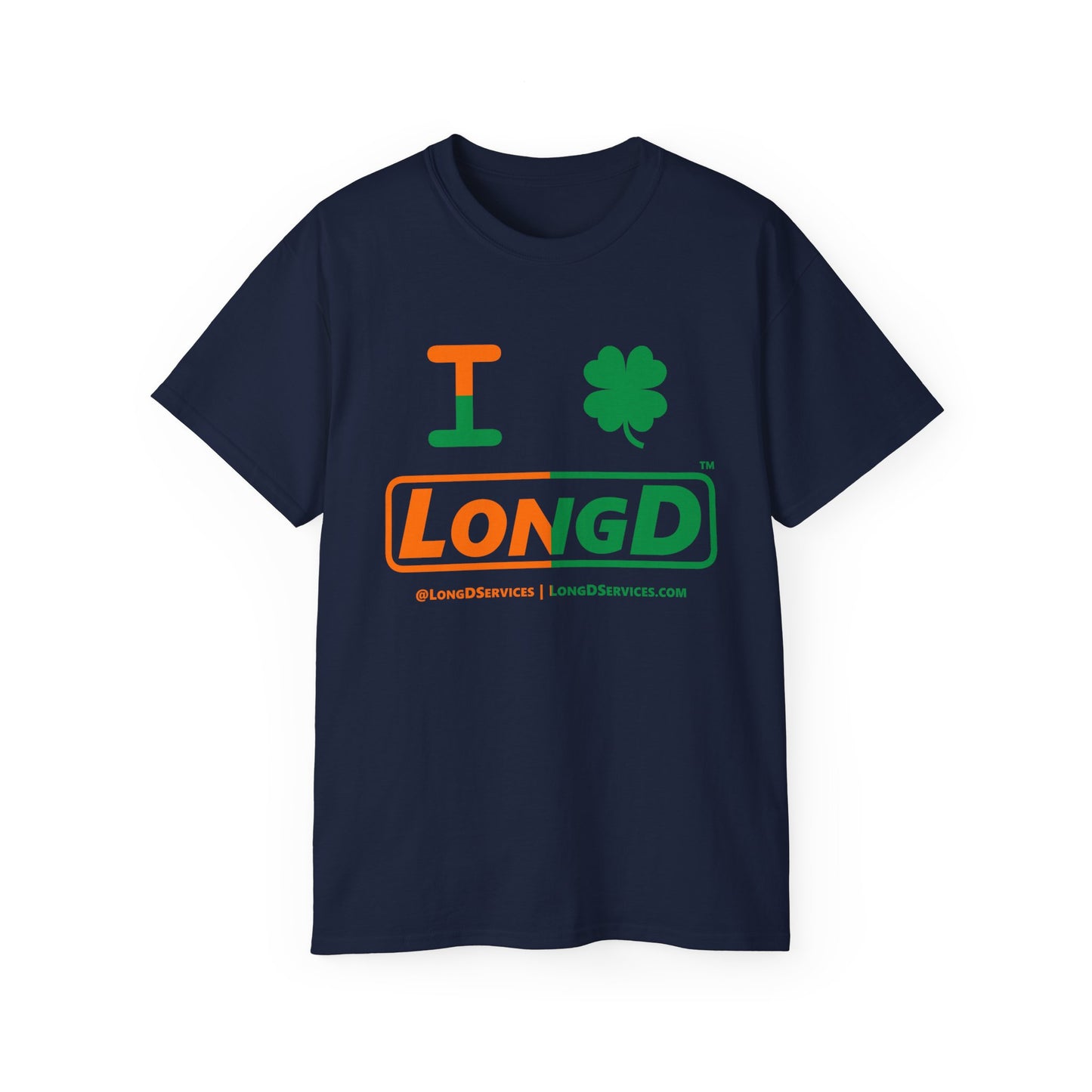 I Clover LongD® Logo Cotton Tee (St. Patrick's Day -Irish Green and Irish Orange right-left split with 4-leaf clover)