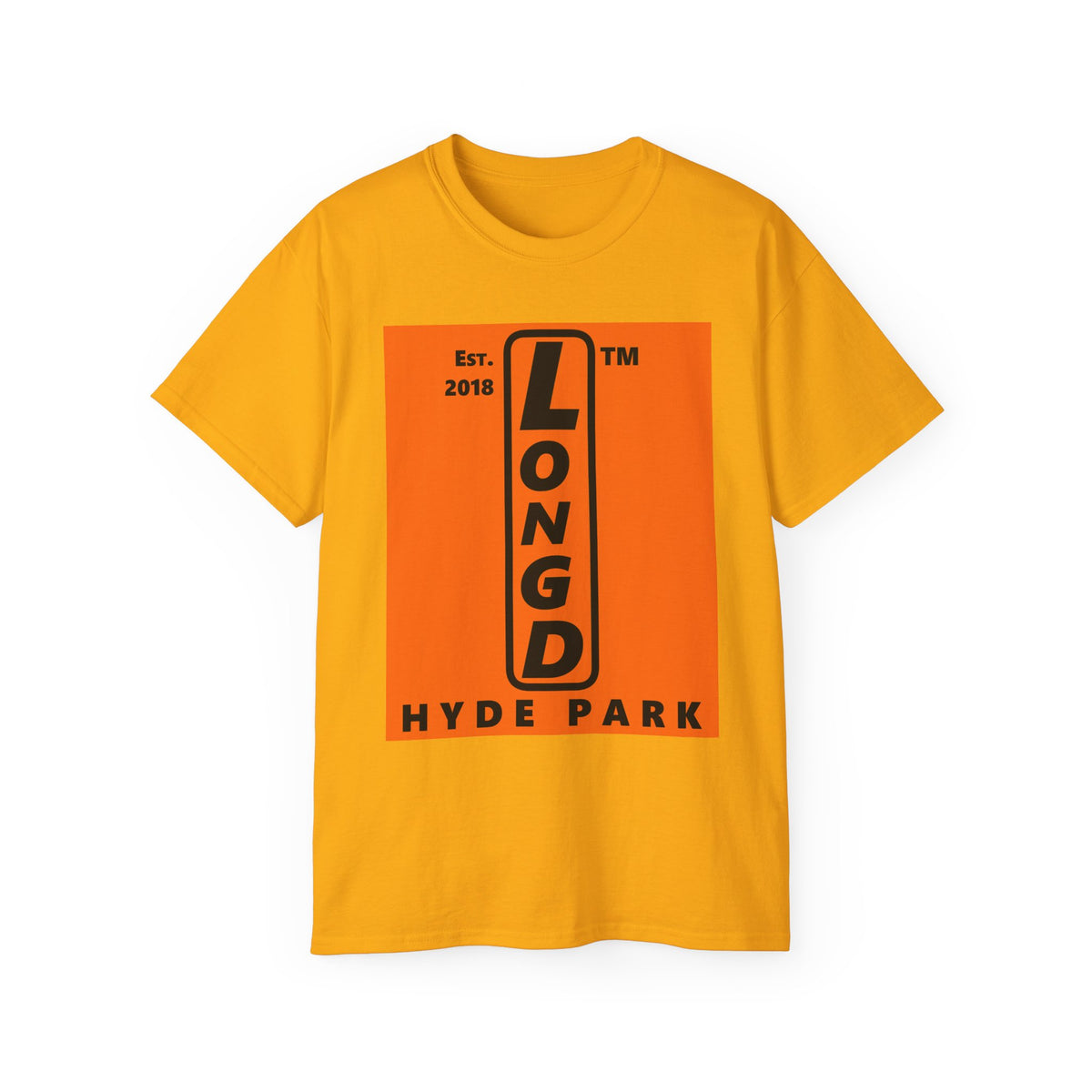 LongD Hyde Park upright logo Black (000000) on orange (FE7518) (Halloween colors) cotton tee