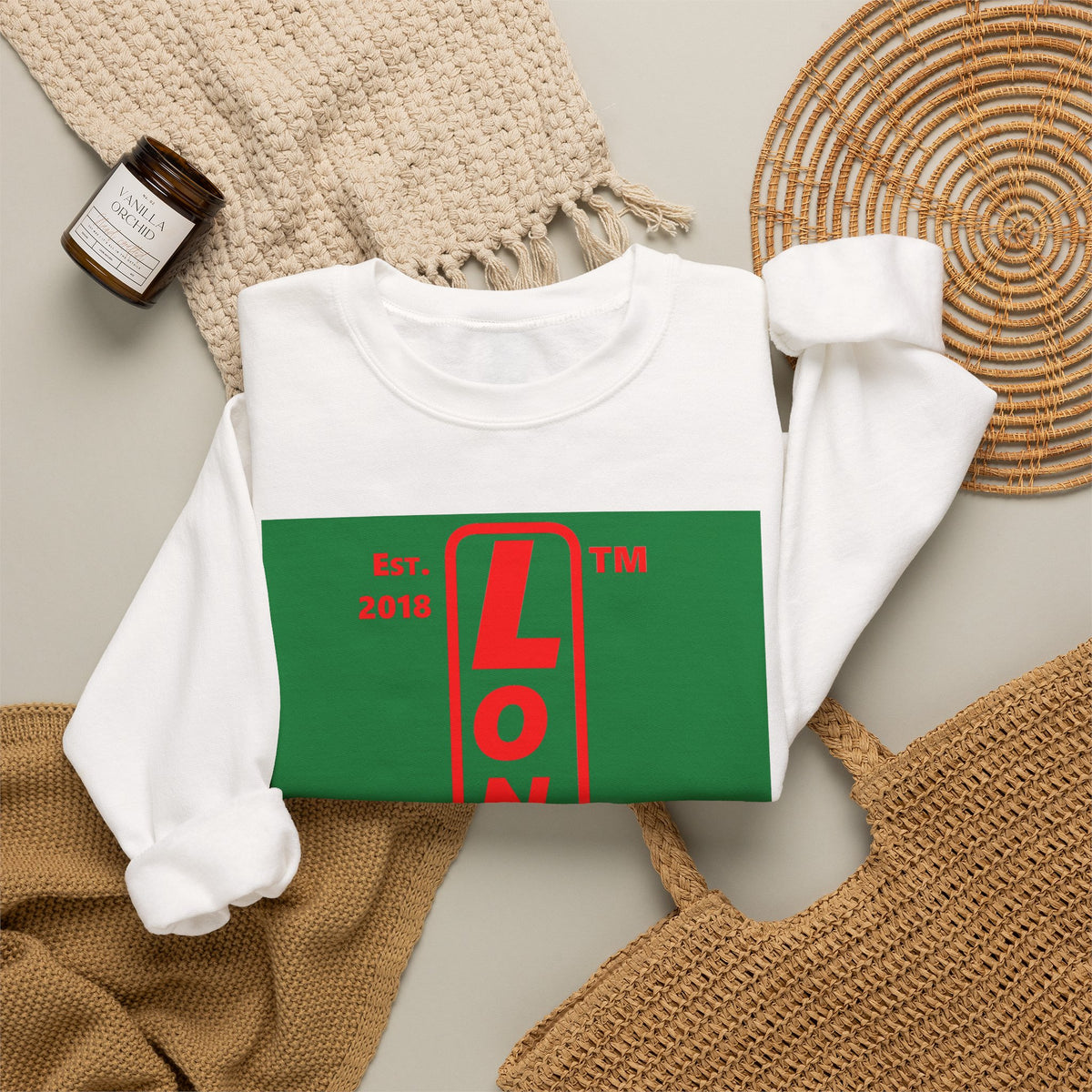 LongD Chicago upright logo positive red on negative green (Xmas colors) crewneck sweatshirt
