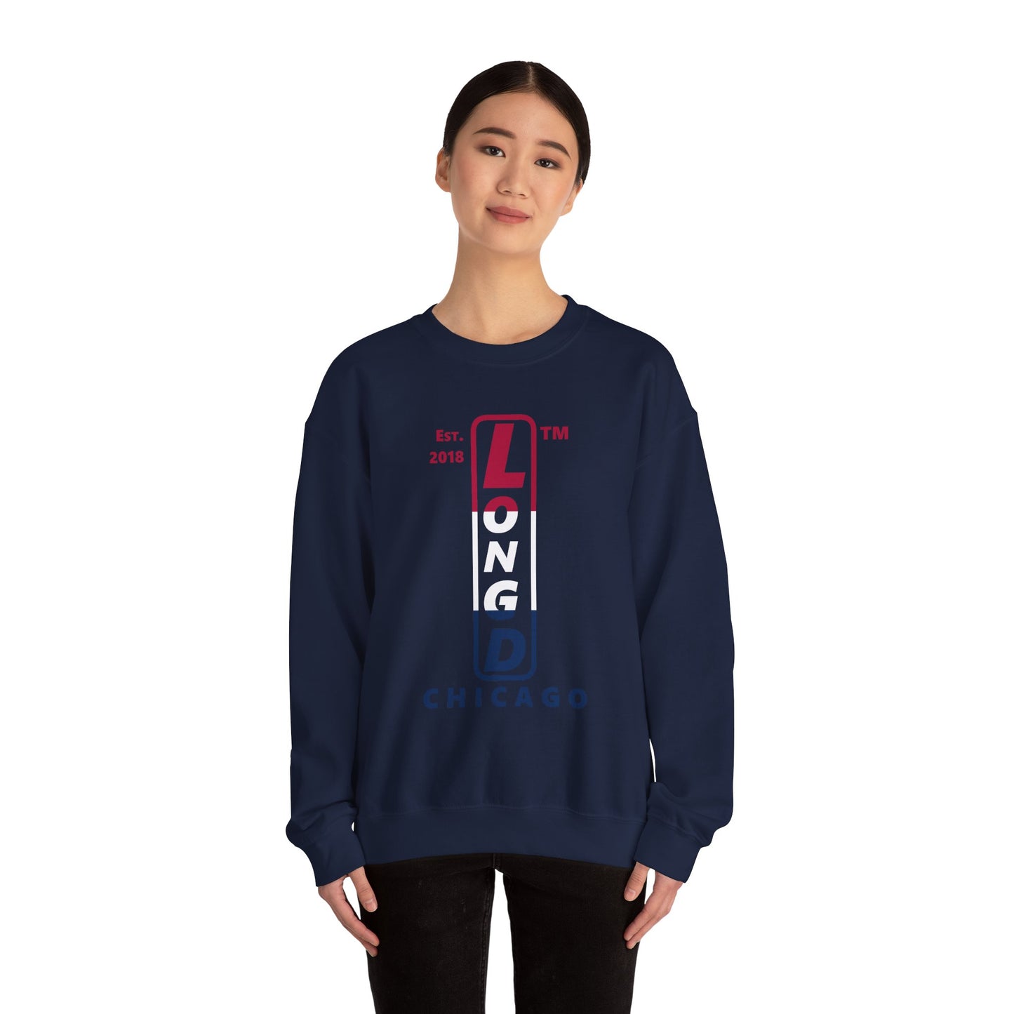 LongD positive horizontal 3-striped Chicago logo crewneck sweatshirt (patriotic colors)