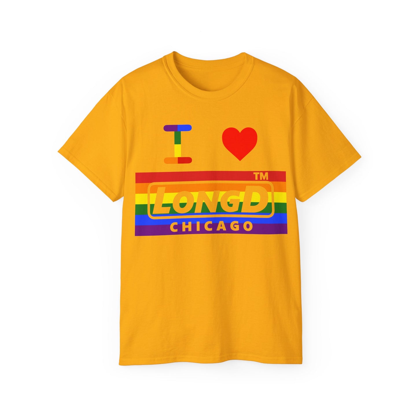 I Luv LongD negative horizontal striped Chicago logo cotton tee (Pride colors)