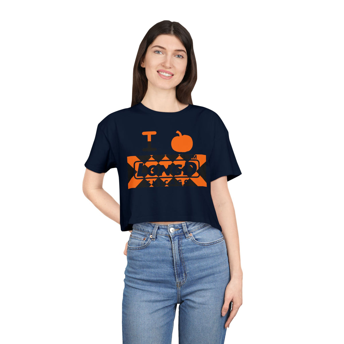 I pumpkin LongD Chicago negative stylized argyle logo crop tee
