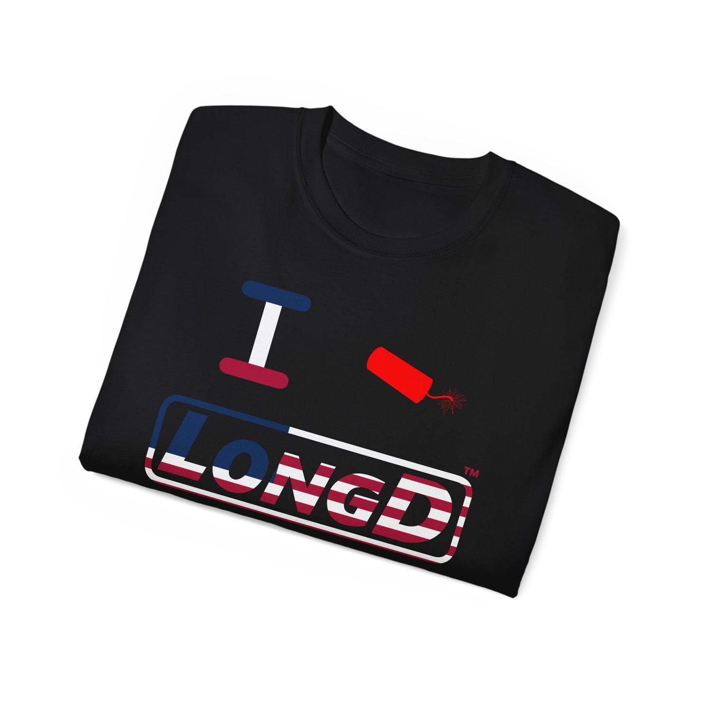 I Firecracker LongD® Logo Cotton Tee Red, White and Blue positive flag