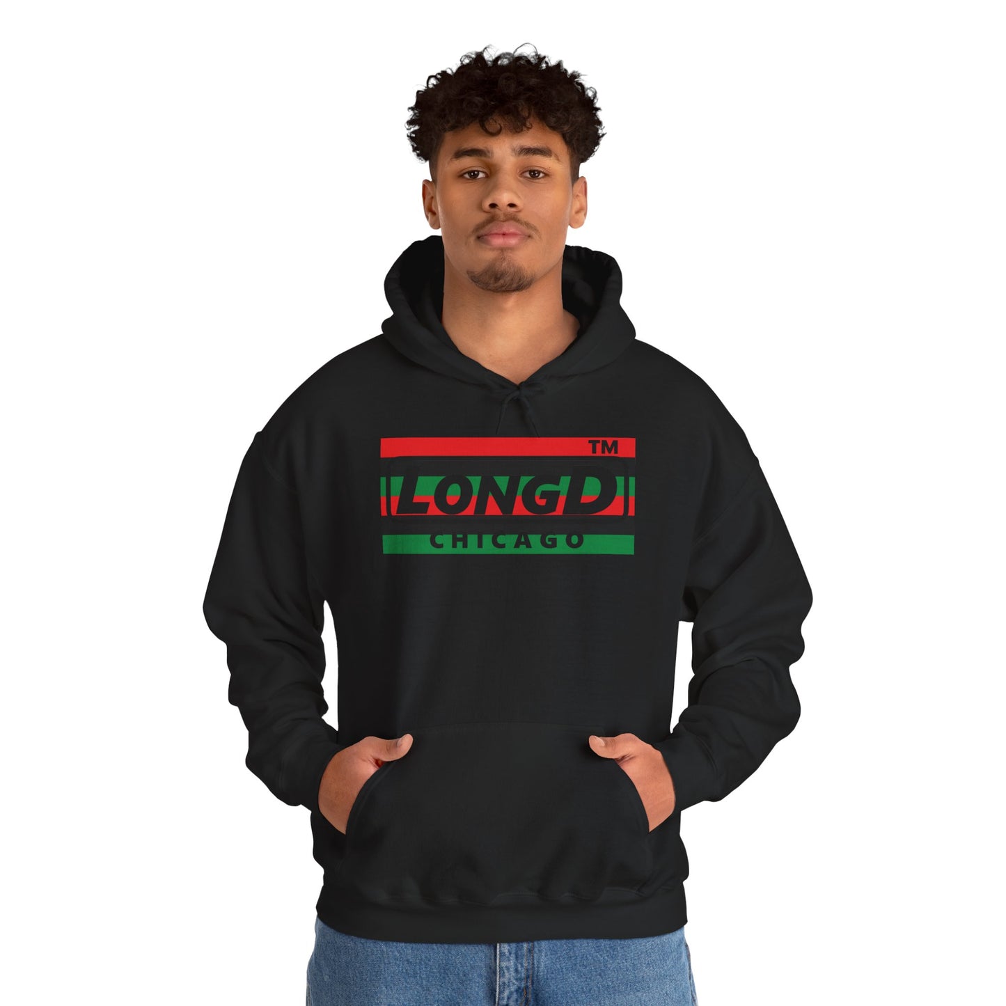 LongD® negative horizontal 6-striped Chicago logo Hoodie (Juneteenth colors)