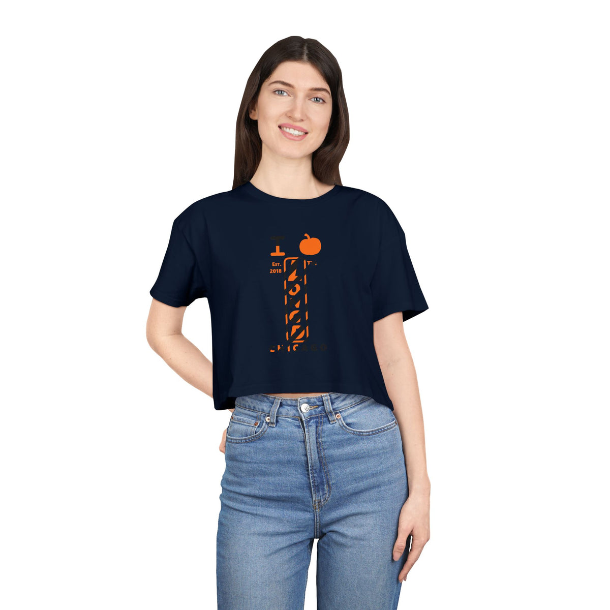 I pumpkin LongD Chicago positive upright pixel-weighted 12-striped front-back logo crop tee