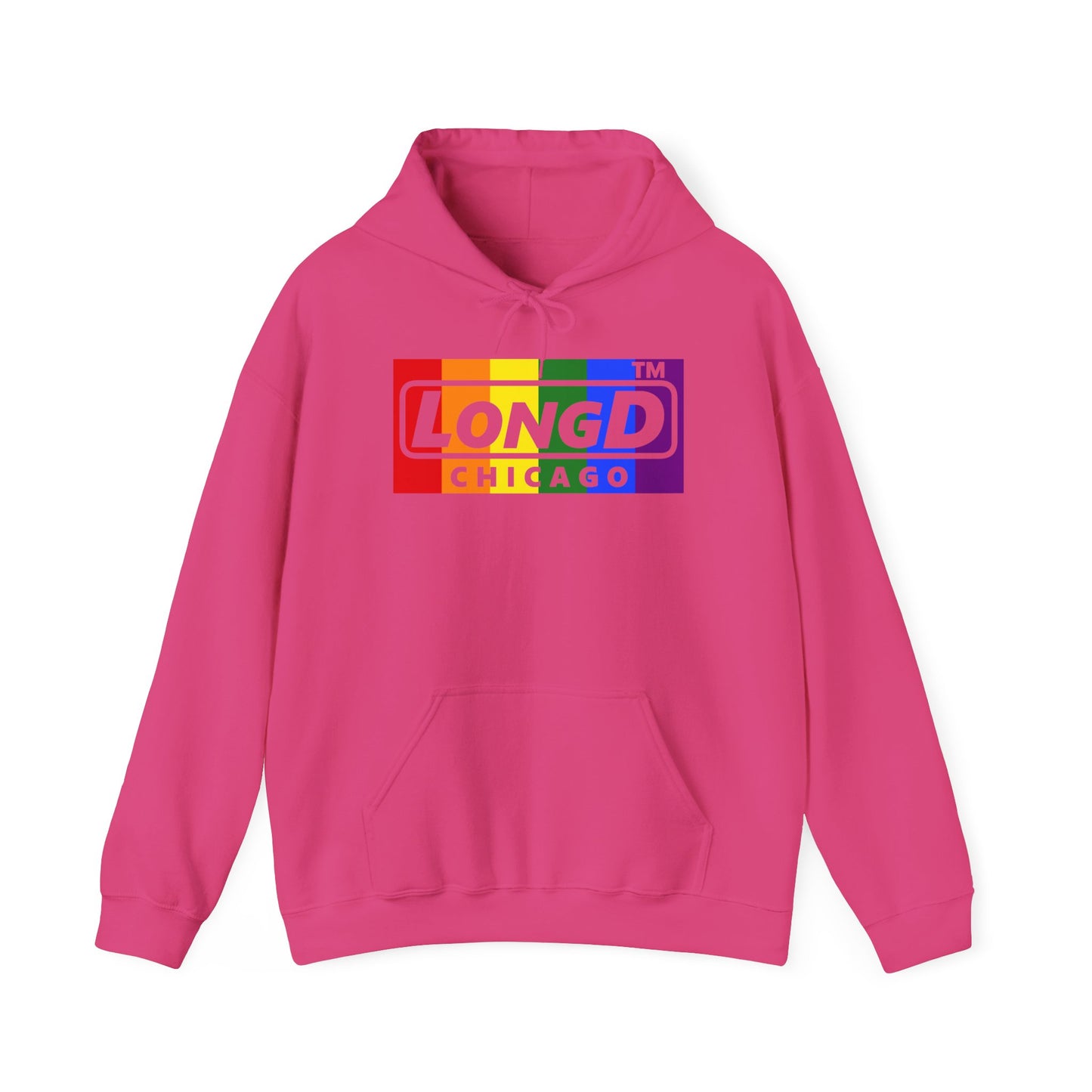 LongD® negative vertical striped Chicago logo hoodie (Pride colors)