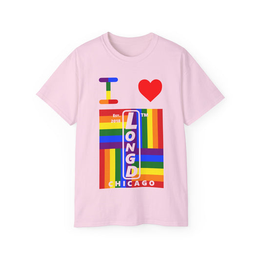 I Luv LongD Cotton Tee negative windmill Chicago upright logo (Pride colors)