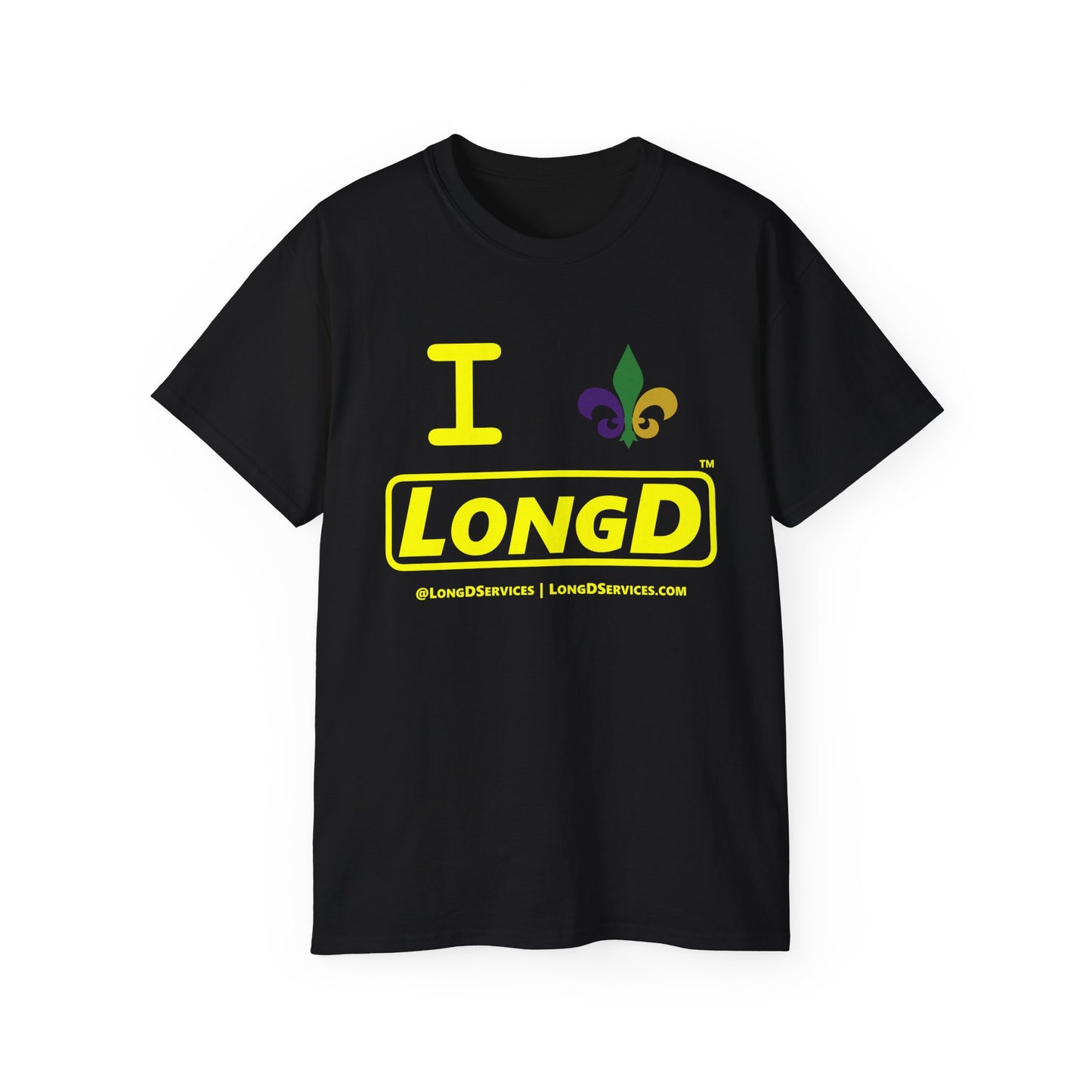 I Fleur LongD® Logo Cotton Tee (yellow text & Mardi Gras colored  fleur de lis)
