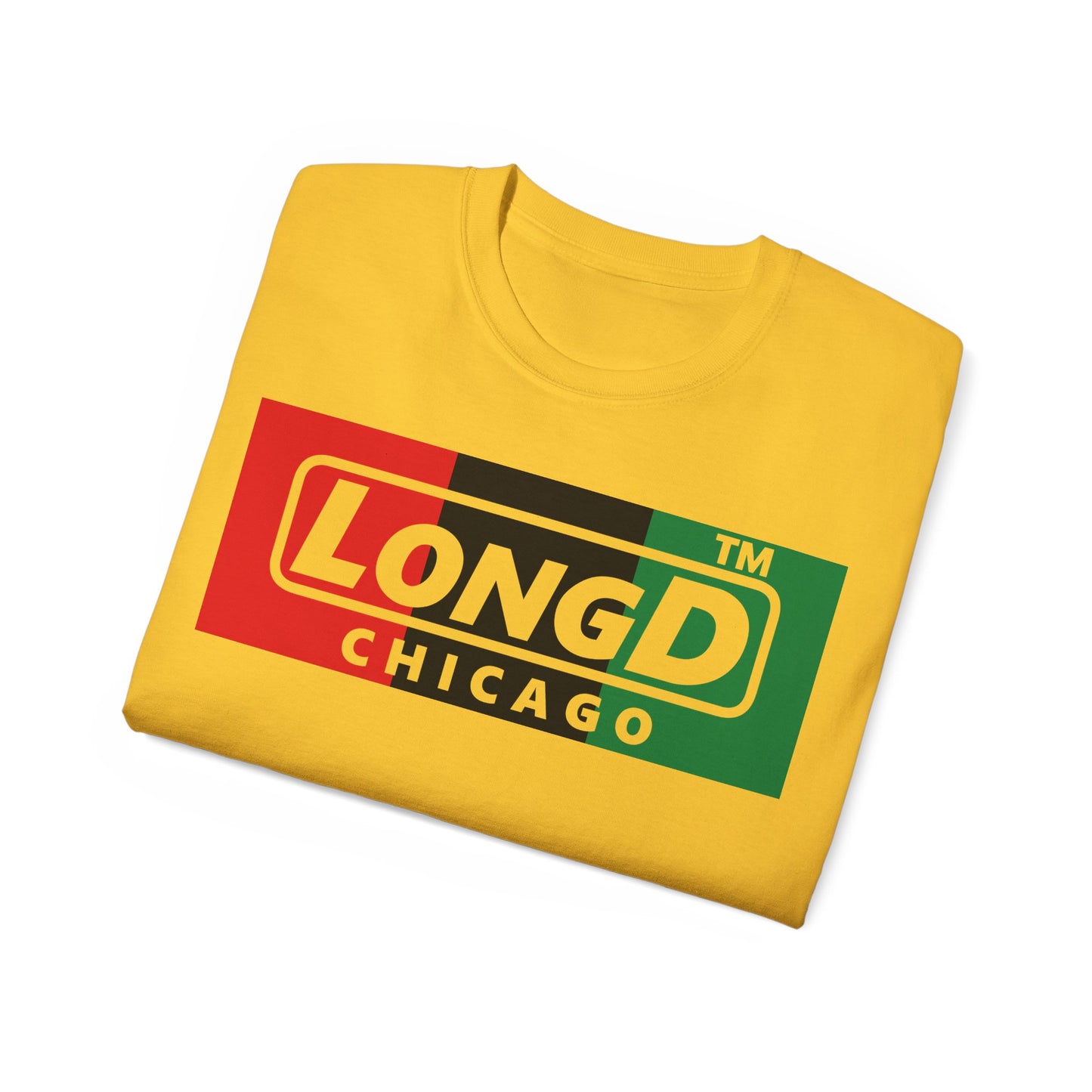 LongD negative vertical 3-striped Chicago logo cotton tee (Juneteenth colors)