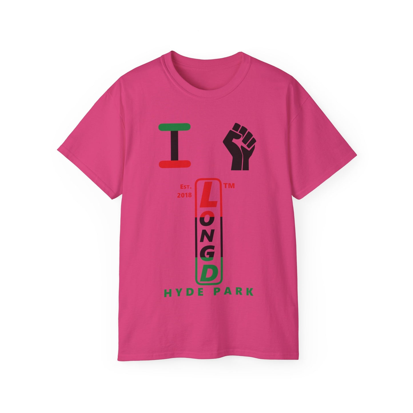 I fist LongD Cotton Tee positive horizontal striped Hyde Park upright logo (Juneteenth colors)