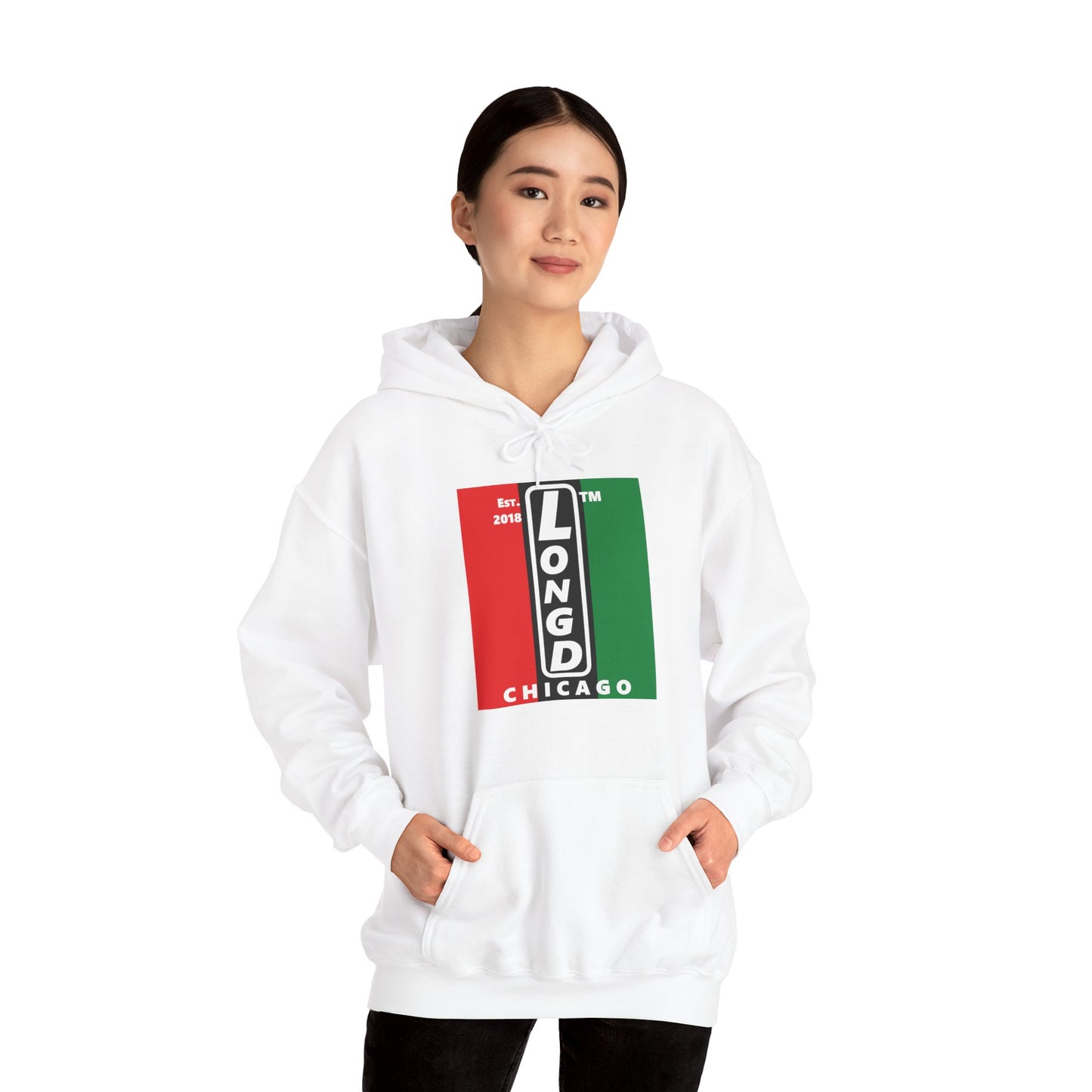 LongD® negative vertical 3-striped upright Chicago logo hoodie (Juneteenth colors)
