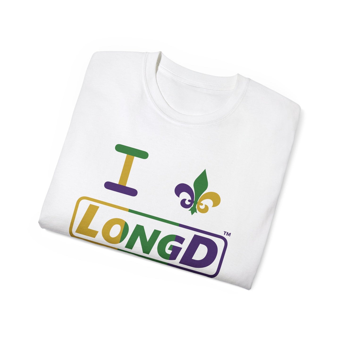 I Fleur LongD® Logo Cotton Tee (Mardi Gras colored text, positive logo & fleur de lis)