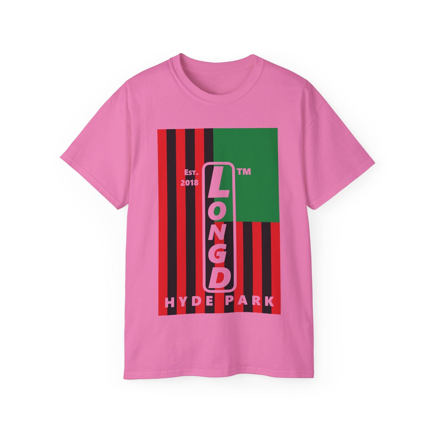 LongD Cotton Tee negative flag Hyde Park upright logo (Juneteenth colors)