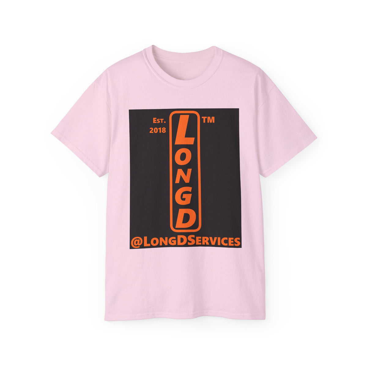 LongD Tag upright front-back logo orange (FE7518) on Black (000000) cotton tee