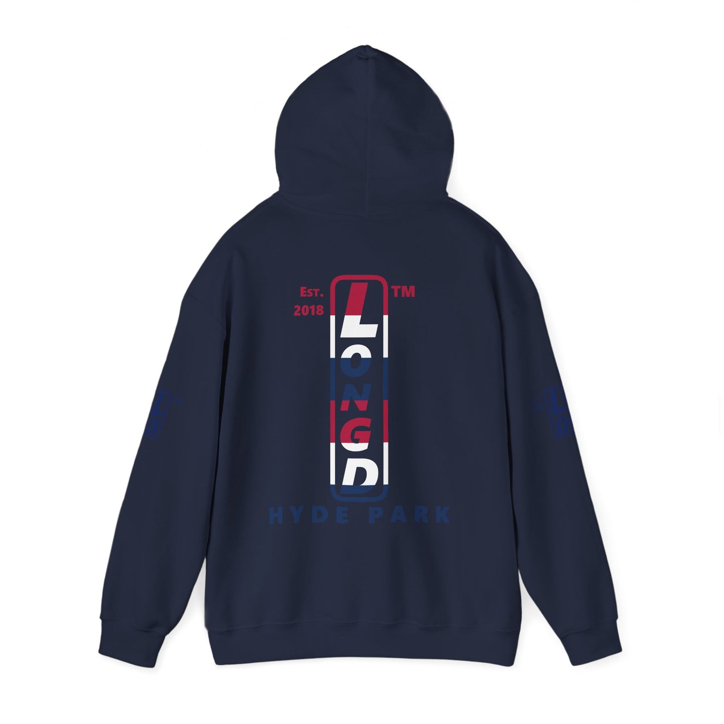 LongD® positive horizontal 6-striped Hyde Park 4-print upright logo hoodie (patriotic colors)