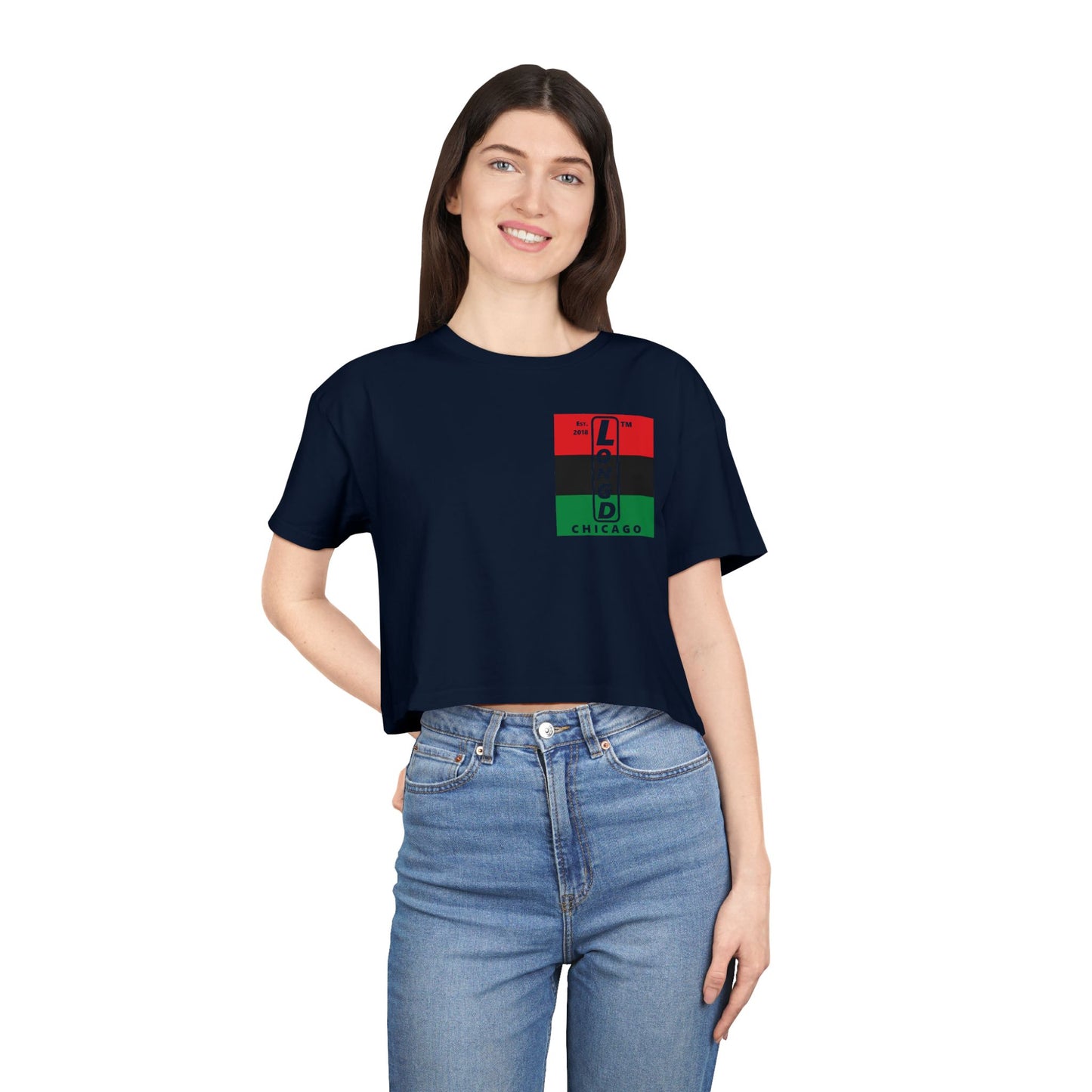 Negative horizontal 3-striped upright single-breasted Chicago logo crop tee (Juneteenth colors)