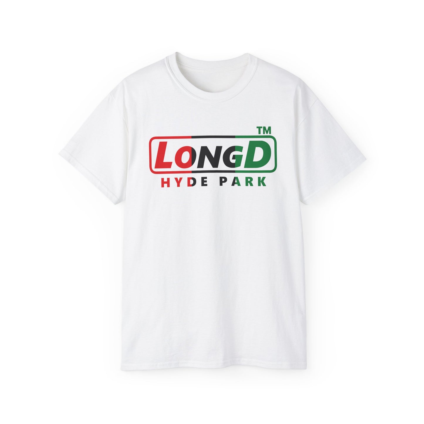 LongD positive vertical 3-striped Hyde Park logo cotton tee (Juneteenth colors)