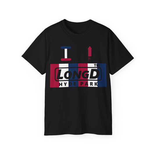 I firecracker LongD negative vertical 6-striped tag-domain logo cotton tee
