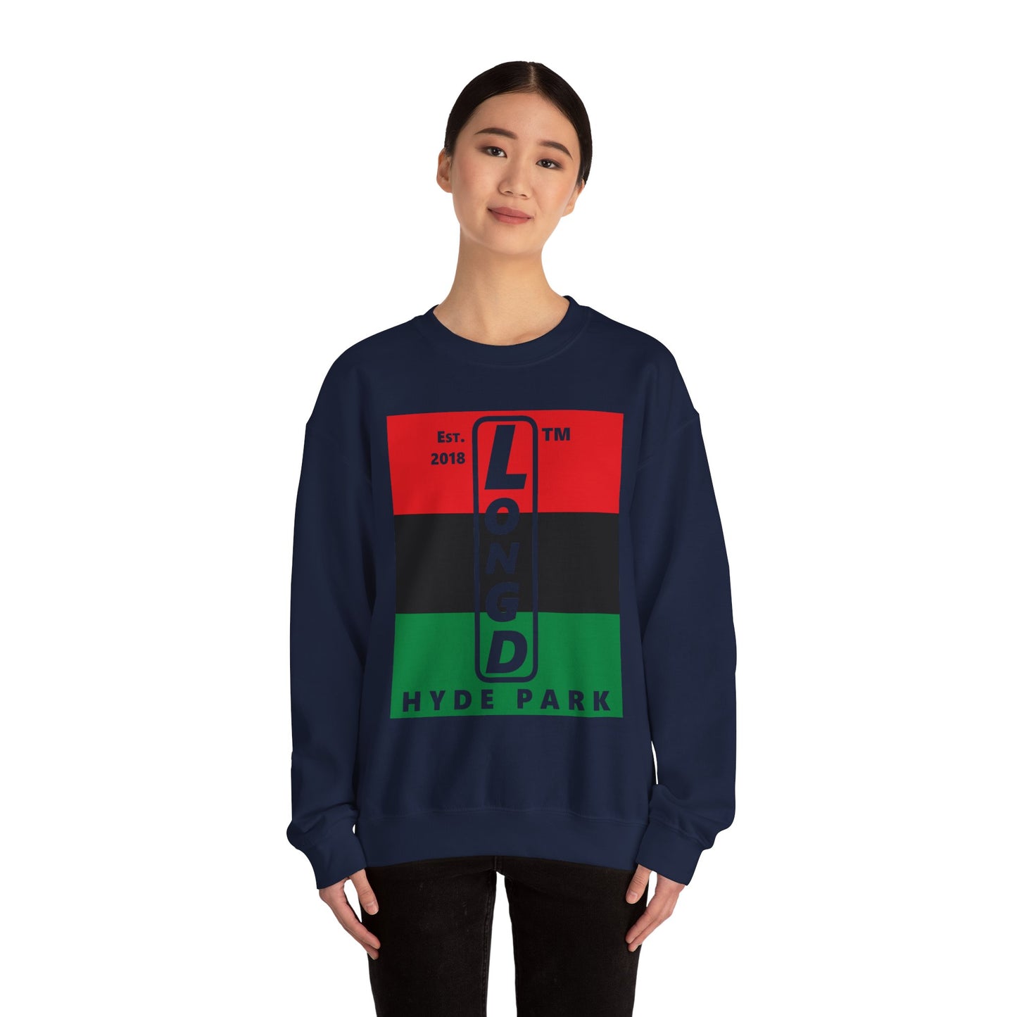 LongD negative horizontal 3-striped Hyde Park upright logo crewneck sweatshirt (Juneteenth colors)