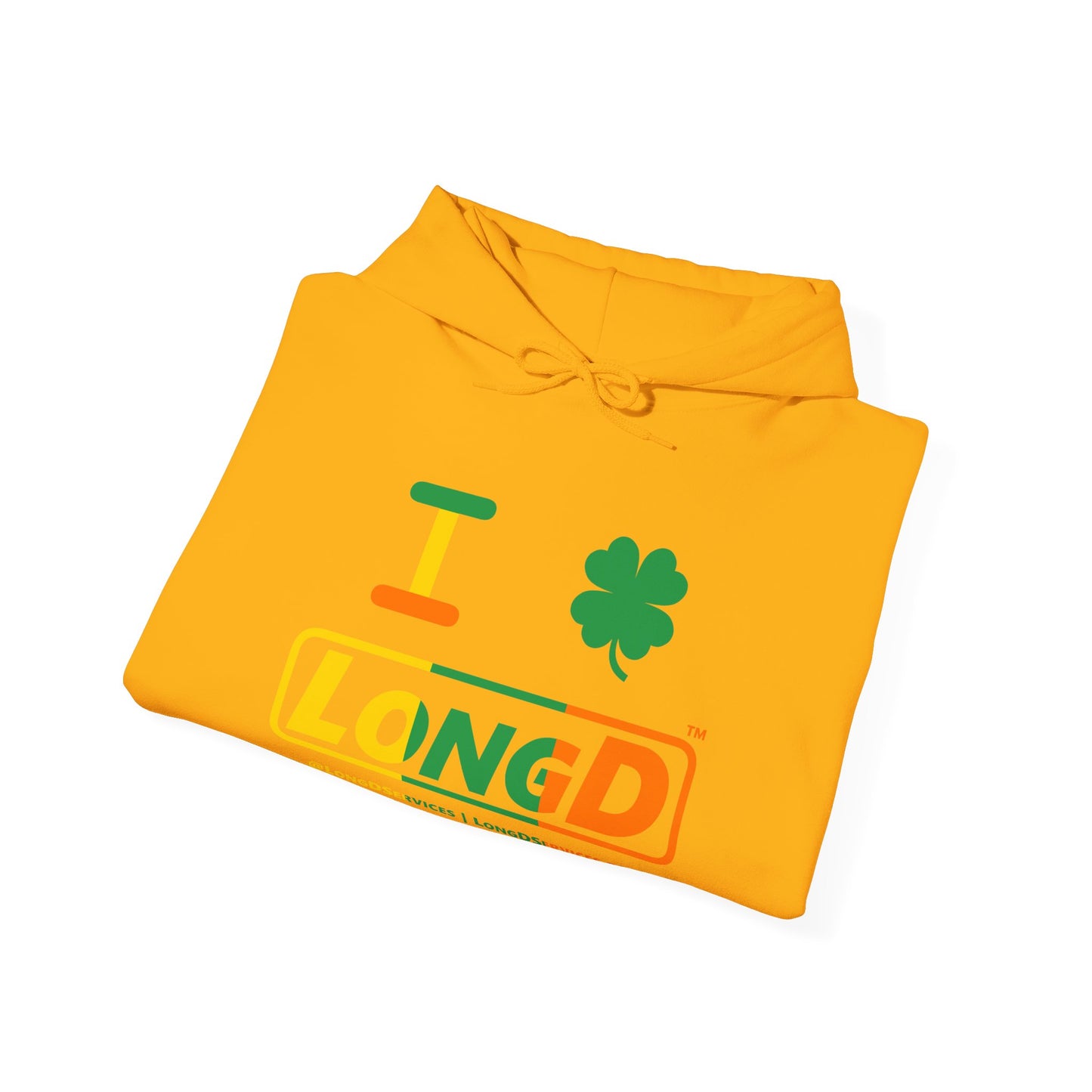 I Clover LongD® Logo Hoodie (St. Patrick's Day Irish Green-Irish Orange-Golden Yellow text)