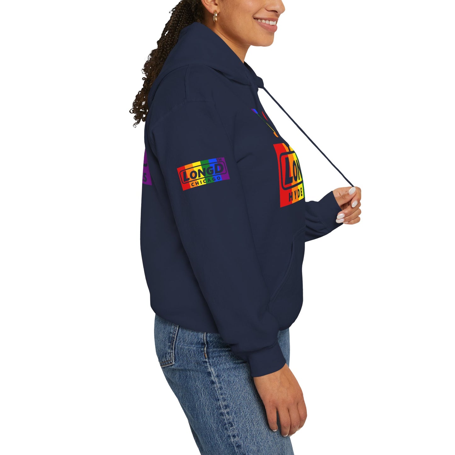 I Luv LongD® negative vertical striped 4-print Hyde Park logo hoodie (Pride colors)