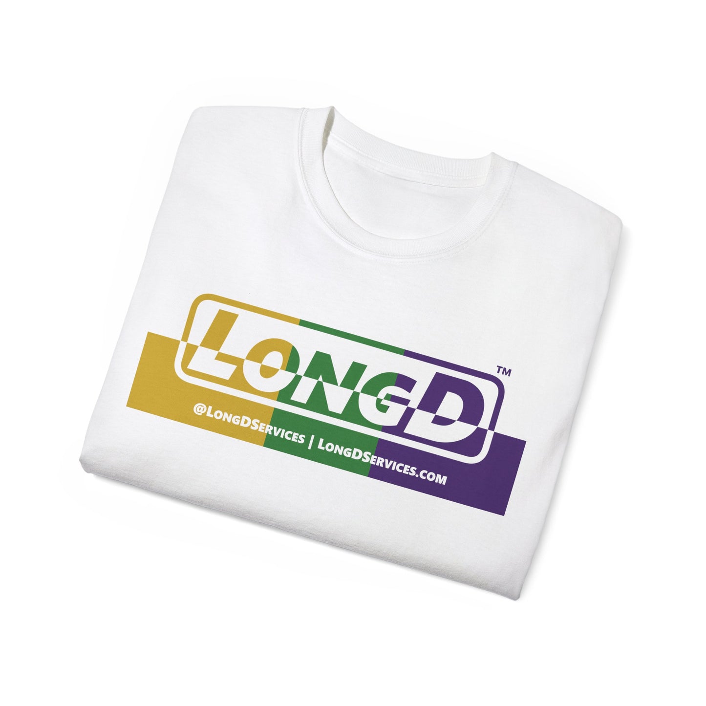 LongD® Logo Cotton Tee (positive top and negative bottom Mardi Gras colored text)