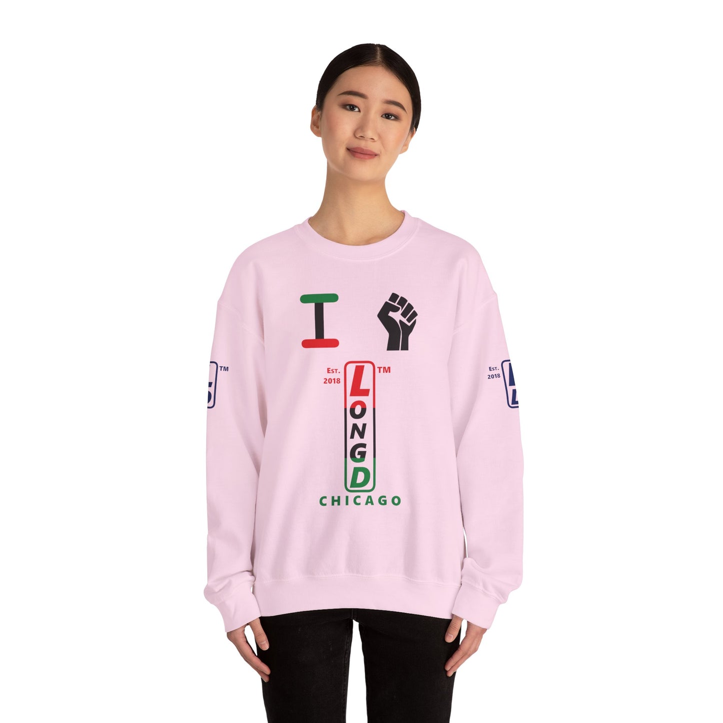 I Fist LongD positive horizontal 6-striped Chicago upright 4-print logo crewneck sweatshirt