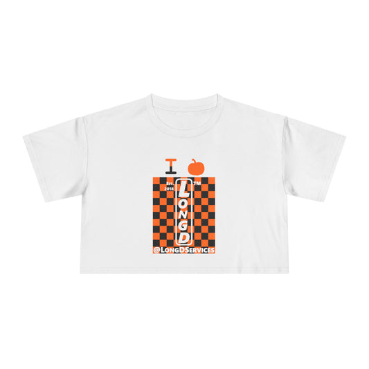 I pumpkin LongD Tag negative upright checkered logo crop tee