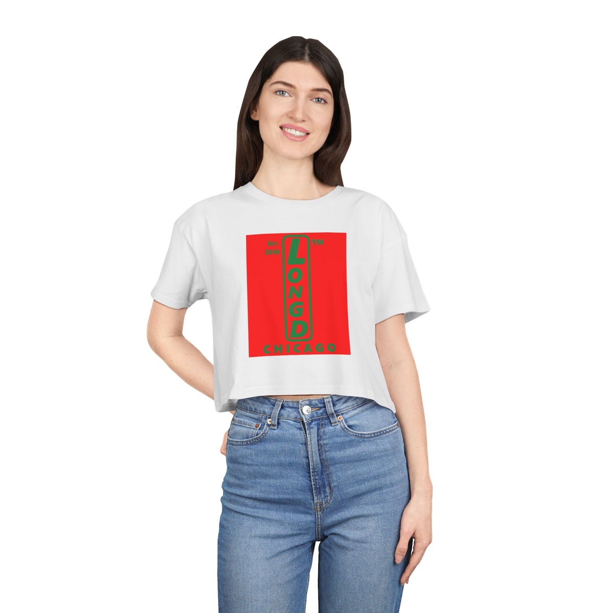 LongD Chicago upright logo positive green on negative red (Xmas colors) crop tee