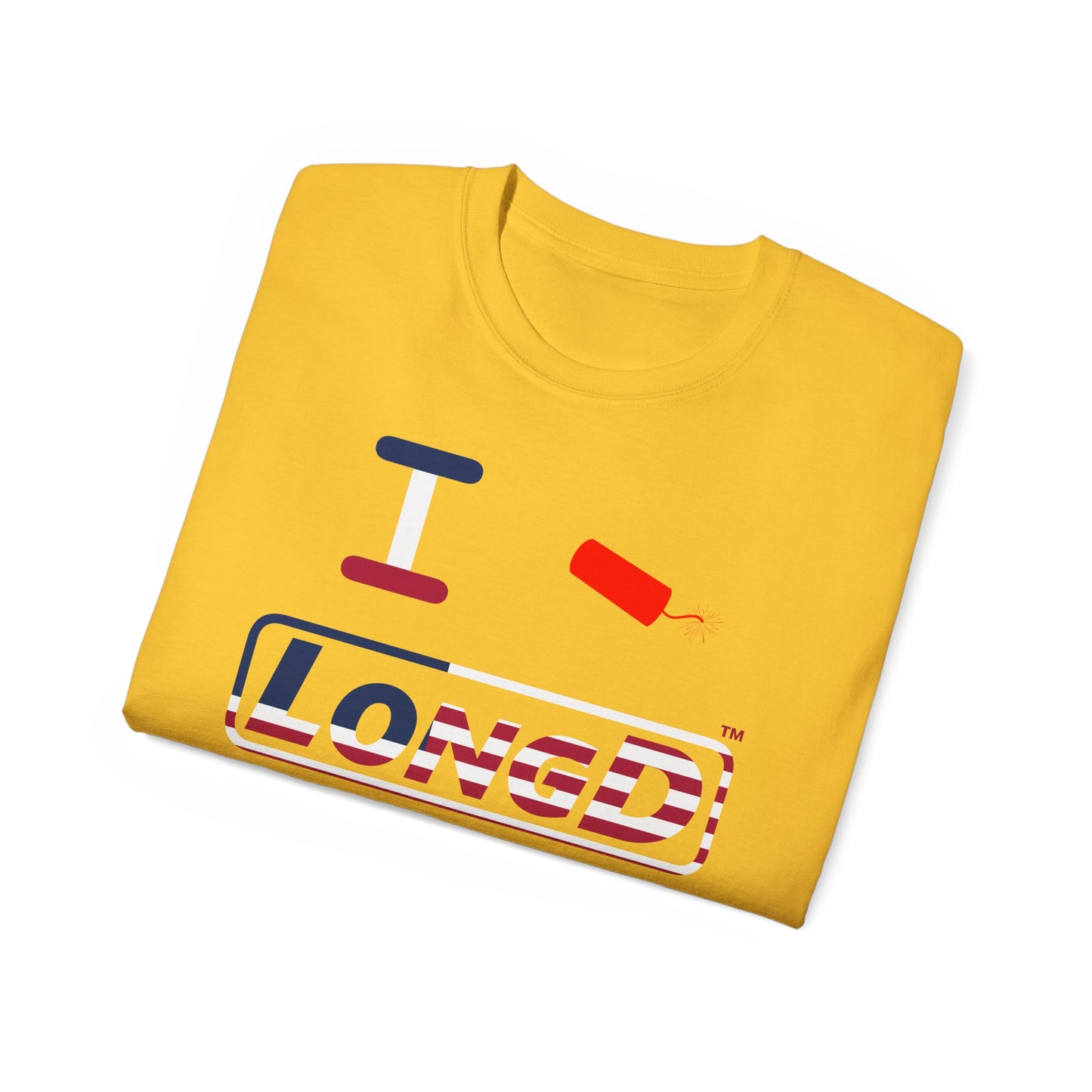 I Firecracker LongD® Logo Cotton Tee Red, White and Blue positive flag