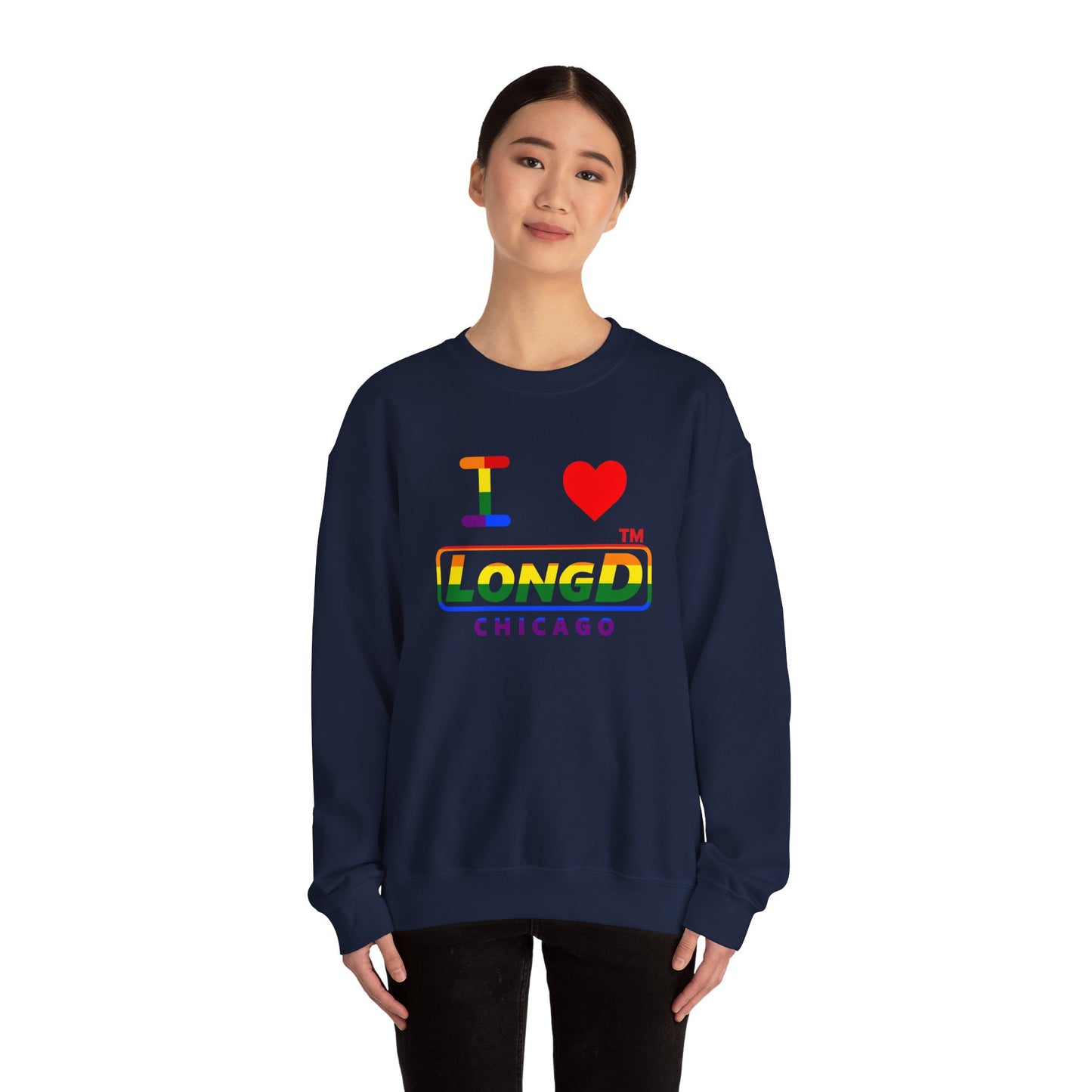 I Luv LongD positive horizontal striped Chicago logo crewneck sweatshirt (Pride colors)