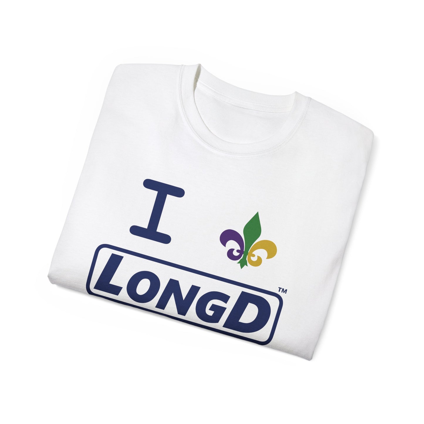 I Fleur LongD® Logo Cotton Tee (blue text & Mardi Gras colored  fleur de lis)
