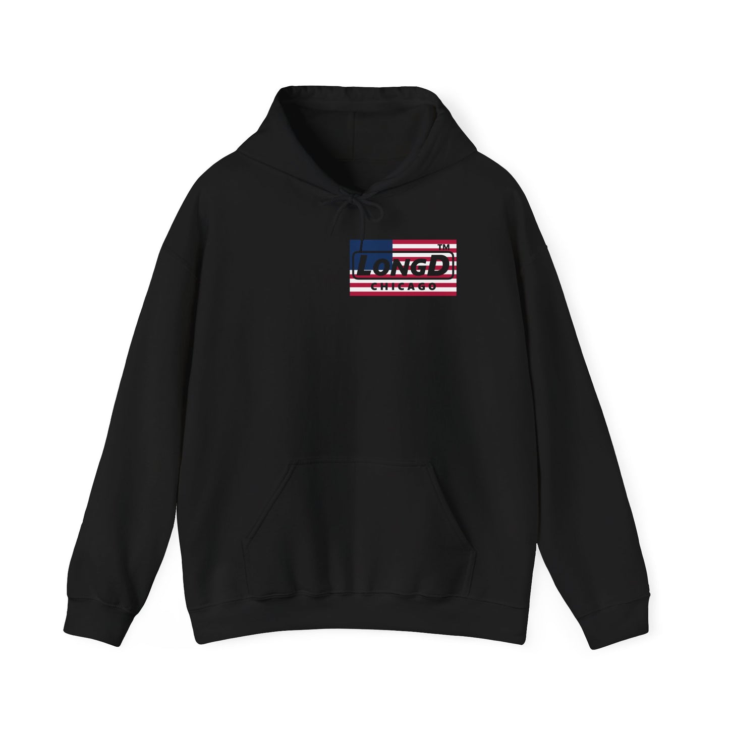 LongD® negative flag front-back single breasted Chicago logo hoodie (patriotic colors)