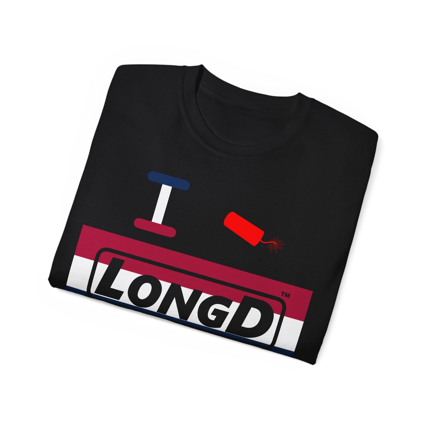 I Firecracker LongD® Logo Cotton Tee Red, White and Blue striped thirds text