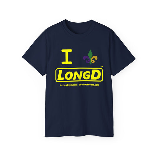 I Fleur LongD® Logo Cotton Tee (yellow text & Mardi Gras colored  fleur de lis)