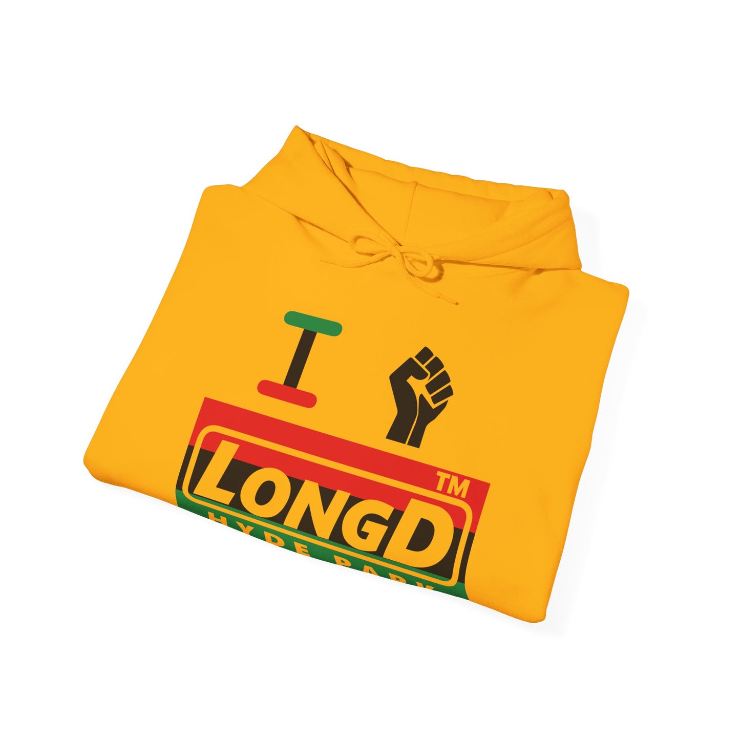 I fist LongD® negative horizontal 3-striped Hyde Park logo Hoodie (Juneteenth colors)