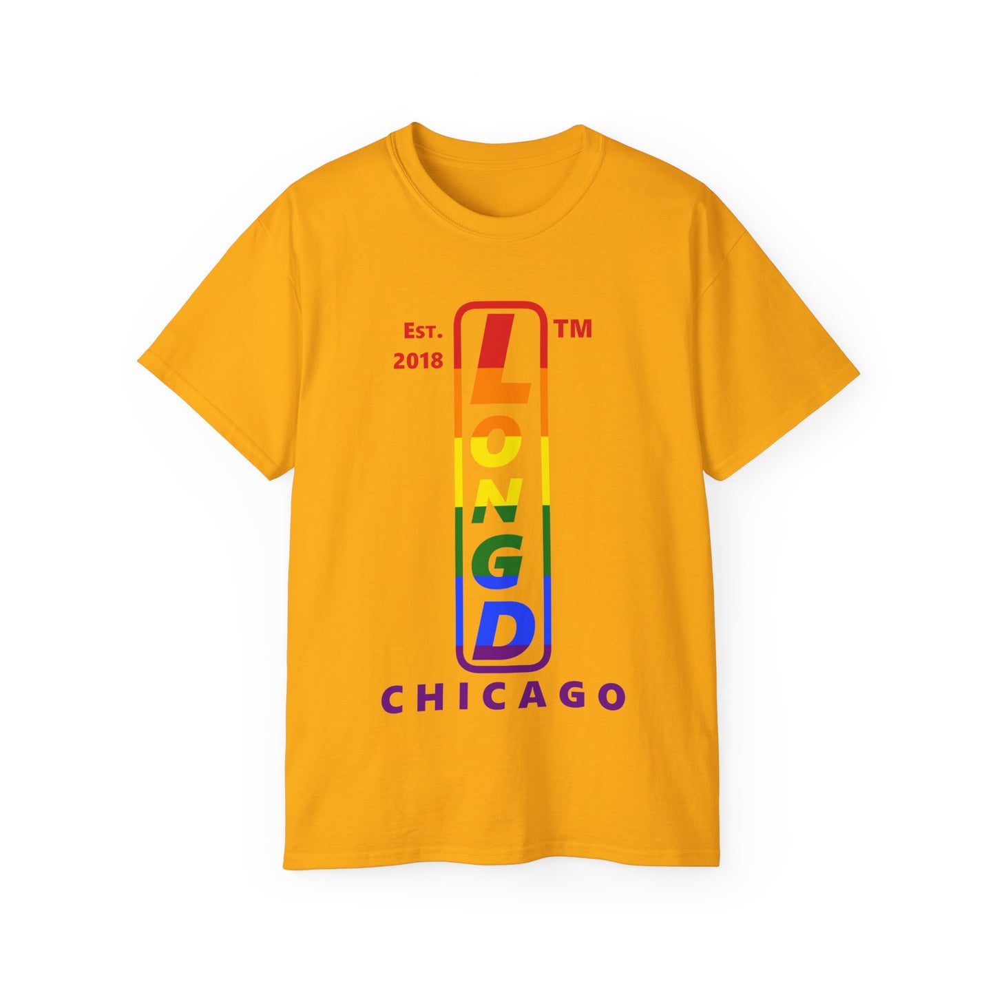 LongD Cotton Tee positive horizontal striped Chicago upright logo (Pride colors)