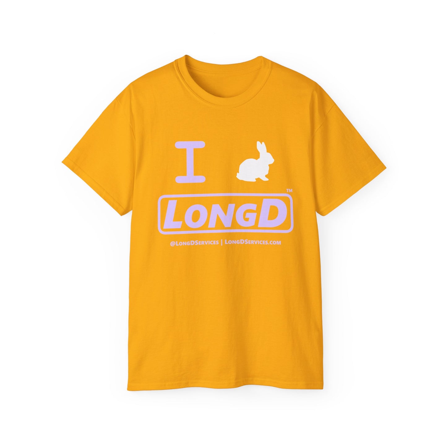 I Bunny LongD® Logo Cotton Tee Easter pastel purple text (white Easter Bunny)