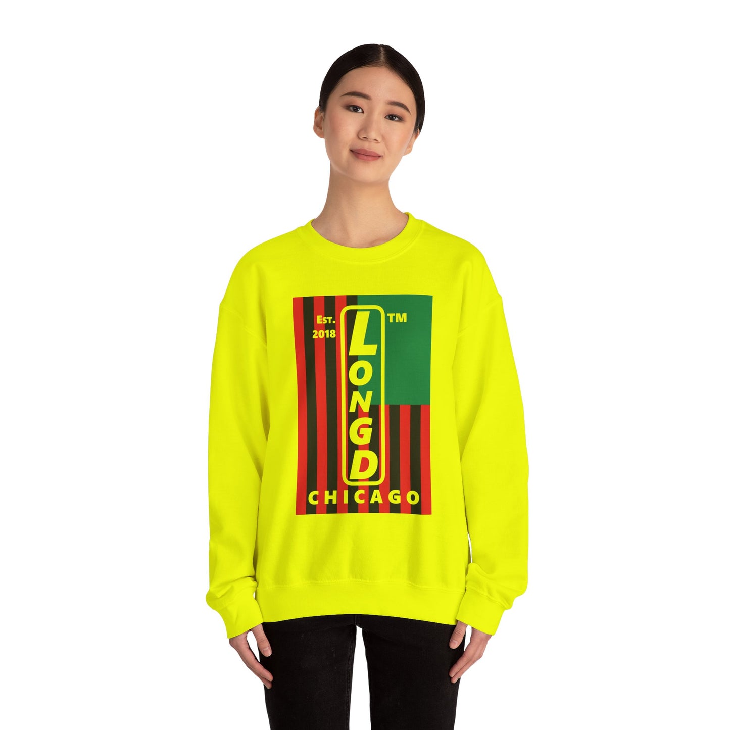 LongD negative cropped flag Chicago upright logo crewneck sweatshirt (Juneteenth colors)