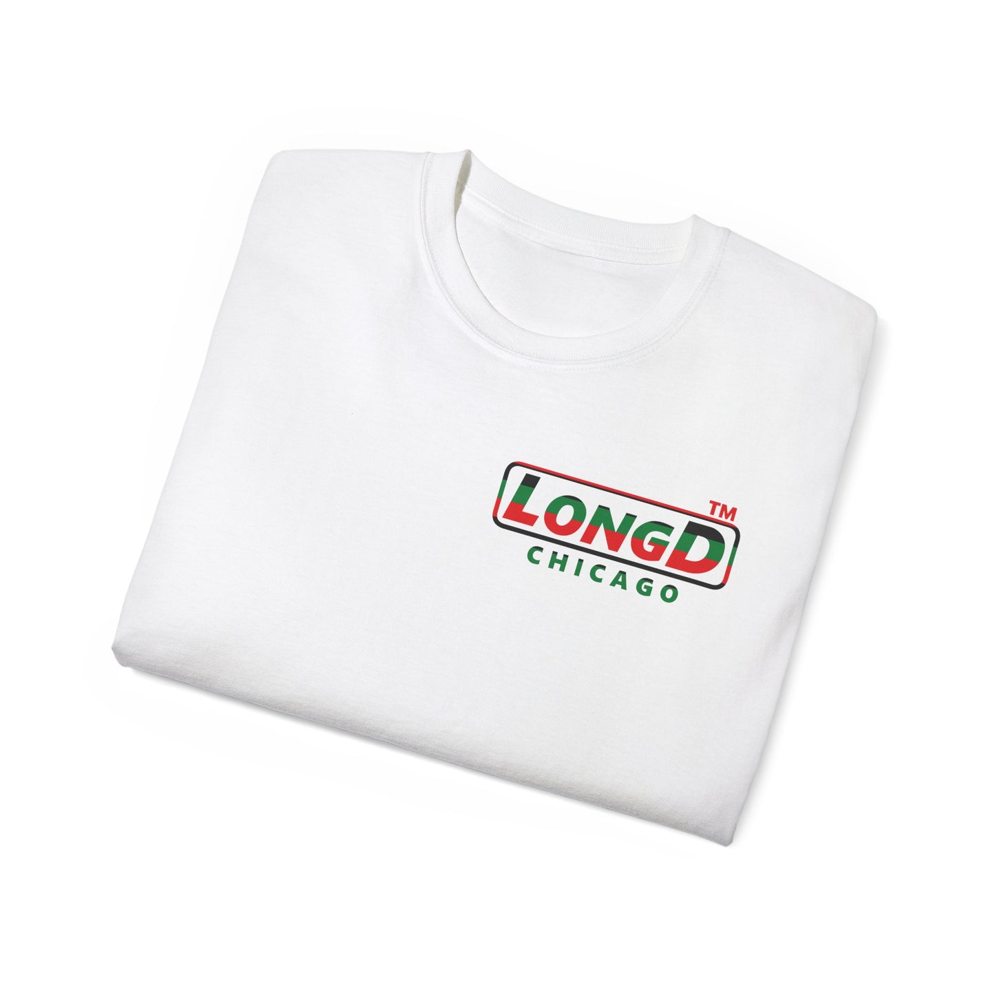 LongD positive horizontal 6-striped Chicago logo single-breasted front-back cotton tee (Juneteenth colors)