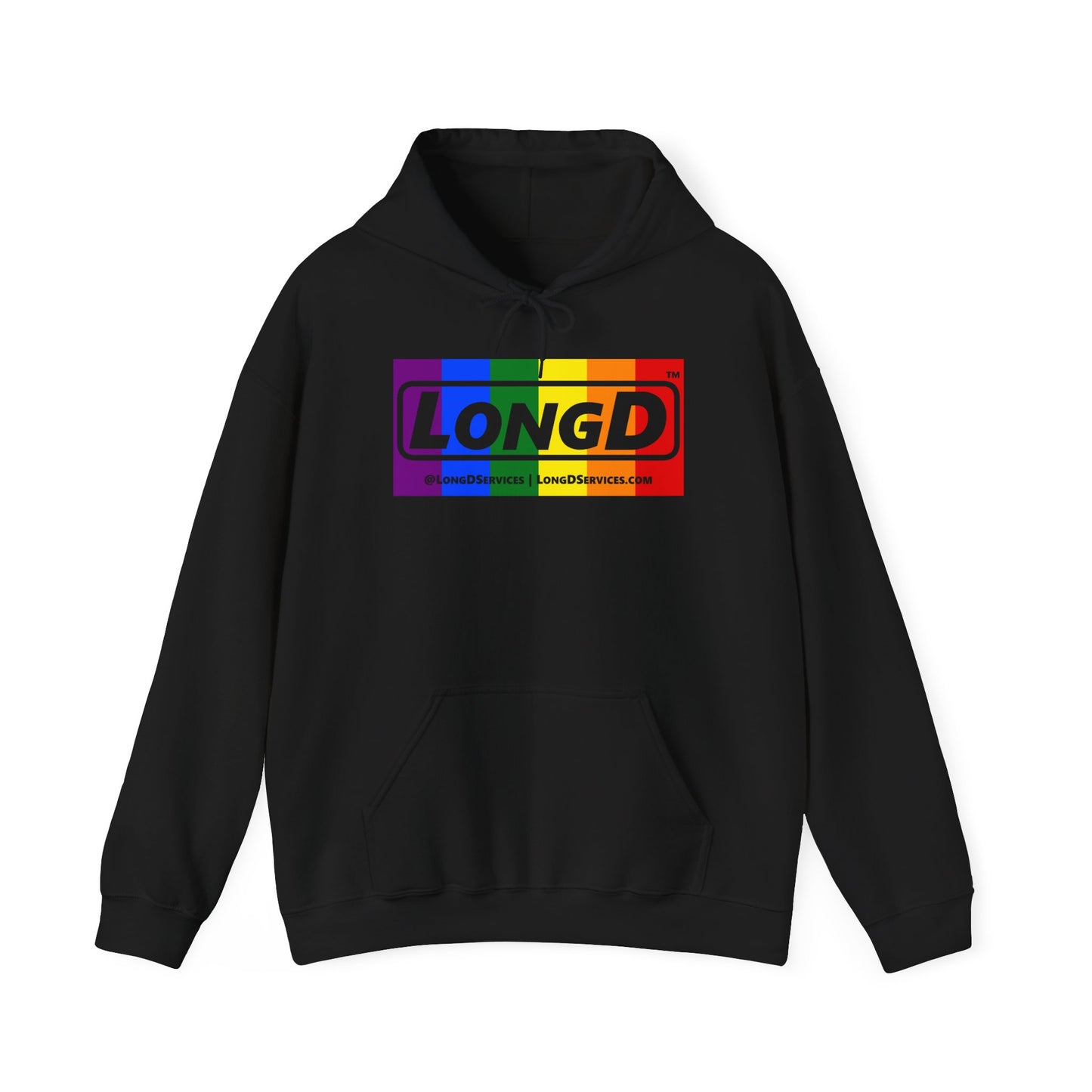 LongD® Logo Hoodie with Pride rainbow negative text